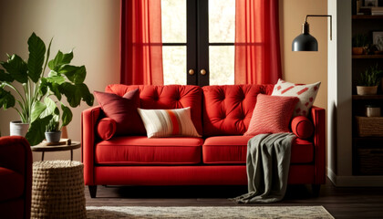  Bright Livingroom with a Red Couch as a focus point , minimal design Comfy Livingroom, Bright Living space. Generative AI
