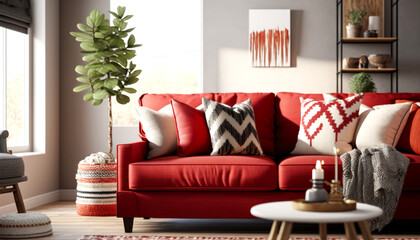  Bright Livingroom with a Red Couch as a focus point , minimal design Comfy Livingroom, Bright Living space. Generative AI
