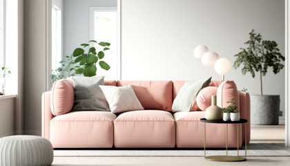  Bright Livingroom with a  Pink Couch as a focus point , minimal design Comfy Livingroom, Bright Living space. Generative AI
