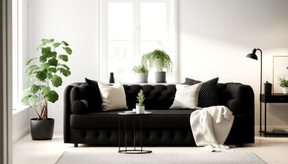  Bright Livingroom with a Black Couch as a focus point , minimal design Comfy Livingroom, Bright Living space. Generative AI
