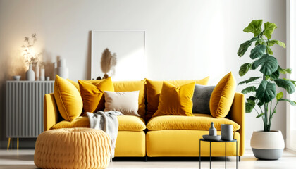  Bright Livingroom with a Yellow Couch as a focus point , minimal design Comfy Livingroom, Bright Living space. Generative AI
