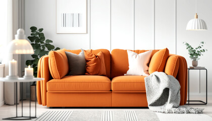  Bright Livingroom with a Orange Couch as a focus point , minimal design Comfy Livingroom, Bright Living space. Generative AI
