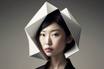 Close-up portrait of a beautiful young Asian woman with a futuristic hat - isolated, copy space, not based on a real person, Generative AI