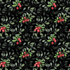 Seamless Pattern with Cowberry. Hand drawn watercolor background with red berries and green leaves. Fruits of lingonberry for wrapping paper