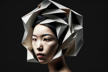 Close-up portrait of a beautiful young Asian woman with a futuristic hat - isolated, not based on a real person, Generative AI