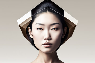Close-up portrait of a beautiful young Asian woman with a futuristic hairstyle - isolated, not based on a real person, Generative AI