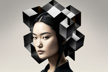 Close-up portrait of a beautiful young Asian woman with a futuristic hairstyle - isolated, not based on a real person, Generative AI