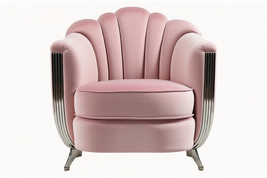 recommend clip art: Classic art deco armchair with pink velvet and nickel metal legs, clipped and isolated on a white backdrop. furniture series, front view. Generative AI
