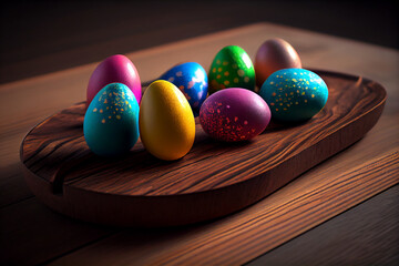 Fototapeta na wymiar Colorful easter eggs old brown wooden board. Easter theme
