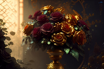 Deep Gold Rose Flower Bouquet on Dark Background, generative ai