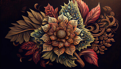 Illustration of batik ornament with flowers. Generative AI.