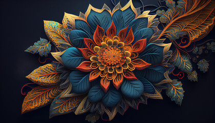 Illustration of batik ornament with flowers. Generative AI.