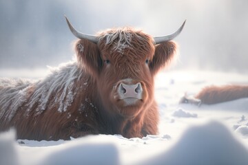 Digital Illustration of a Highlander (Highland Cow) in a Field in the Snow. Made in part with generative ai.
