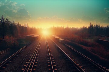 Fototapeta na wymiar long railways extending into distance in sunlight. Generative AI