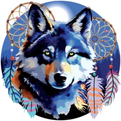 Afwasbaar Fotobehang Draw Wolf Wild Animal with Native Dreamcatchers on Wild Blue Mountains Landscape Round Vector Logo Illustration isolated on white. 
