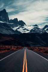 Landscape of Famous El Chaltén Mountain Range in Middle of Road with Yellow Line, Los Glaciares National Park, Argentina, Patagonia