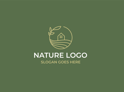 Nature Simple Line Style Logo. Sunrise, Ground, and Plant On The Circle. Premium Vector Badge Logo for Brand Company and Product.