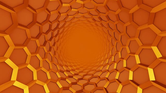Golden hexagon grid glossy tunnel background