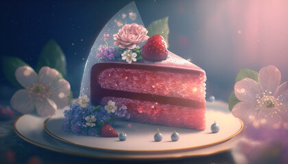 A designer decorated piece of a beautiful and delicate cake in flowers and berries, fruits. Created using Ai.