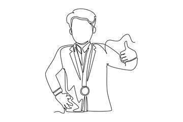 Single one line drawing happy man getting a medal while giving a thumb up. Employee appreciation day concept. Continuous line draw design graphic vector illustration.