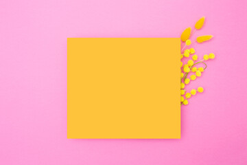 Empty yellow paper with an arrangement of mimosa flowers and spring dried flowers on a pink background. Mockup of cards. .Happy easter. Top view