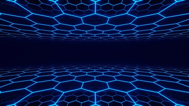 Blue neon glow class hexagon grid tunnel loop animation background