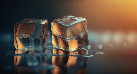 Melting Ice cubes with water drops on a table. Clear ice in cube shape. Frozen water. Ice maker. Fake or Artificial acrylic or plastic ice cubes, back lighting,  Created using generative AI tools.