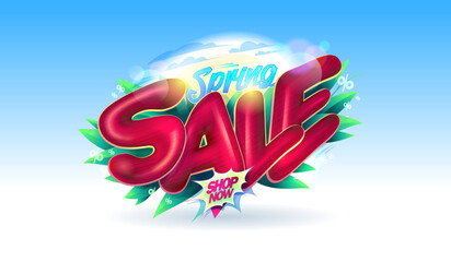 Spring sale banner mockup with blue sky and 3D lettering.