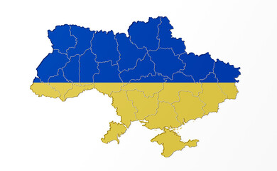 Ukraine map. Ukraine. Europe. War in Ukraine. White background. Map of the Ukraine in the colors of the flag with individual regions. 3D Illustration.