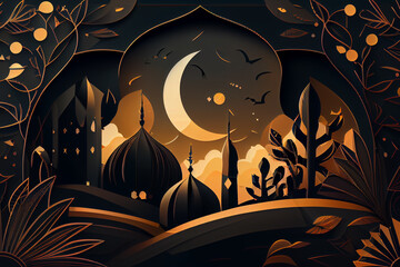 Islamic Background, Ramadan Kareem, Eid Mubarak, moon birds trees  - generative ai