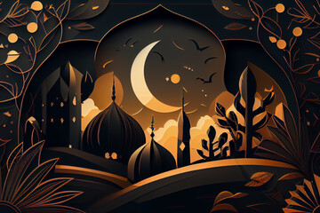 Obraz premium Islamic Background, Ramadan Kareem, Eid Mubarak, moon birds trees - generative ai