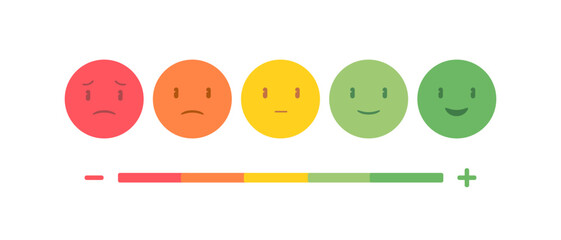 Customer Satisfaction Survey Emoticons. Emotional icons of quality level, rating. Business indicators concept. Grades of different levels. Bad, normal, good, excellent mood. Vector illustration