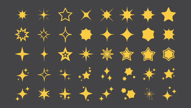 Vector stars collection. Yellow star icons in simple flat style. Sparkle shapes for celebrations, greeting cards. Isolated design elements
