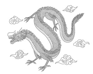 Line art of japanese dragon with clouds isolated on white background. vector illusration  