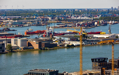 Aerial view of Port of Rotterdam, largest cargo seaport in Europe located in middle of Rhine-Meuse-Scheldt delta, Netherlands