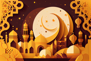 Fototapeta na wymiar Ramadan illustration yellow moon and mosque shapes - generative ai