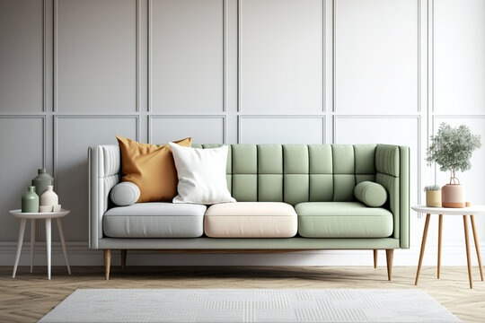 Wooden floors and a comfy mid-century sofa. Frames, posters, and furnishings can be mocked up on blank walls and front views. Generative AI