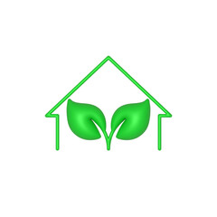 3d bio green house icon. Home icon with leaves sign and symbol.