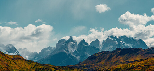 Vibrant Panorama of Mirador Los Cuernos, Torres Del Paine, Patagonia, Chile