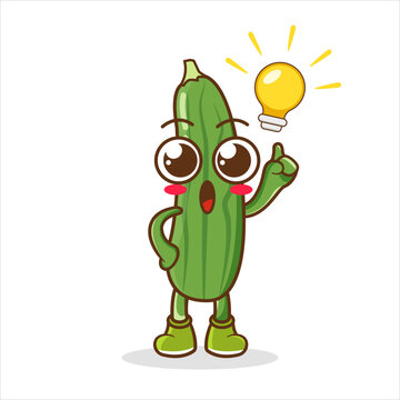 Have an Idea Happy cucumber Character Cartoon Mascot. Happy cucumber Pointing Finger Up at The Light Bulb