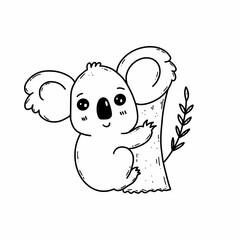 Koala is sitting in tree. Animals of Australia. Vector doodle illustration. Sketch.