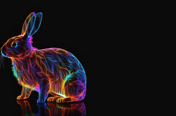 Neon easter bunny, luminescent colorful easter rabbit, neon rabbit, colorful bunny, copy space, space for text, isolated on black, card, generative Ai