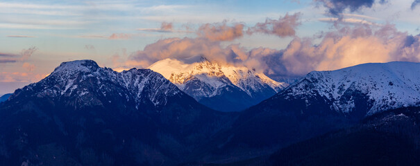 Sunset over the winter Tatra Mountains