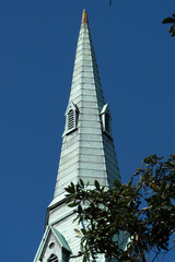 Savannah, Georgia, United States. December 2, 2022:  Wesley Monument United Methodist Church with blue sky.