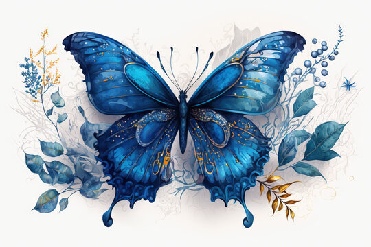 Generative AI. Blue butterfly with Moroccan flowers, watercolor illustration.