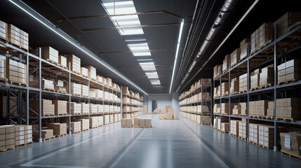 Fototapeta premium A Large, Long Warehouse Filled with Cardboard Boxes, Generative AI