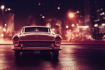 Plakat vintage car in modern city on street at night, generative ai