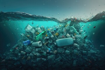 Fototapeta premium Plastic bottles and plastic parts float underwater in the ocean and pollute the sea - 3d illustration Generative AI