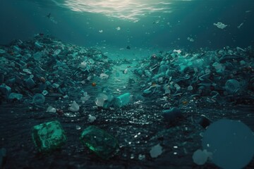 Naklejka na ściany i meble Plastic bottles and plastic parts float underwater in the ocean and pollute the sea - 3d illustration Generative AI