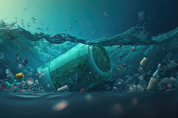 Plastic bottles and plastic parts float underwater in the ocean and pollute the sea - 3d illustration Generative AI